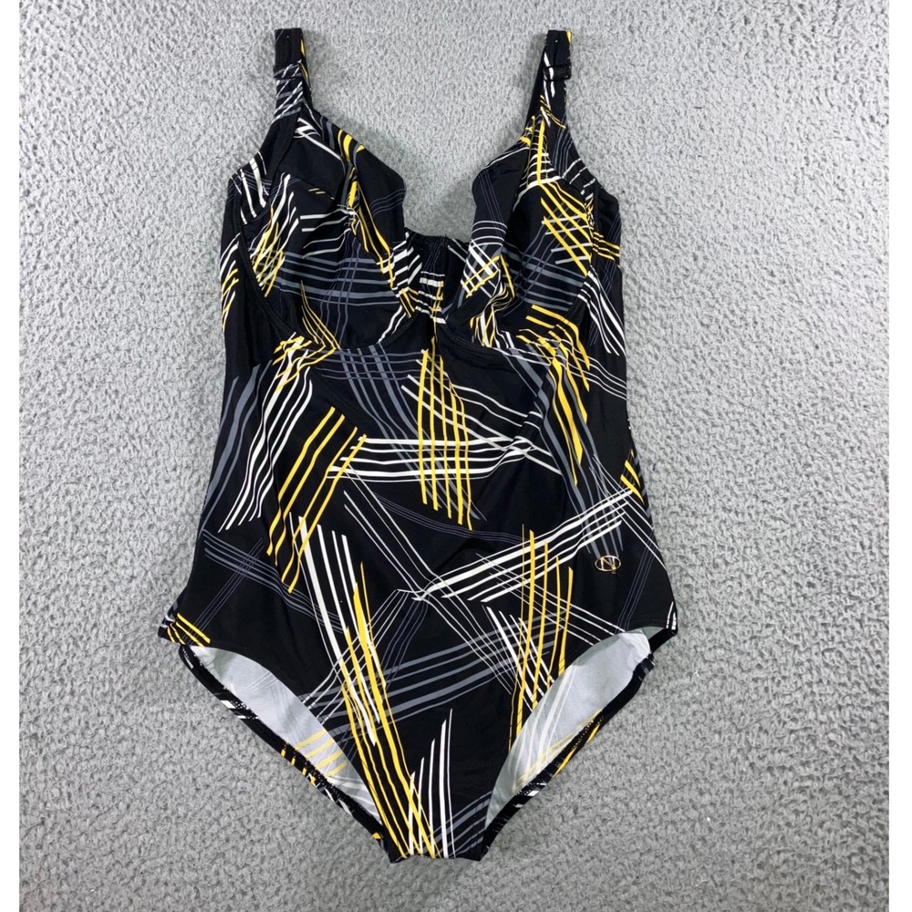 One Piece‎ Swimsuit Women L Black Yellow Abstract Geometric Print Vacation Beach